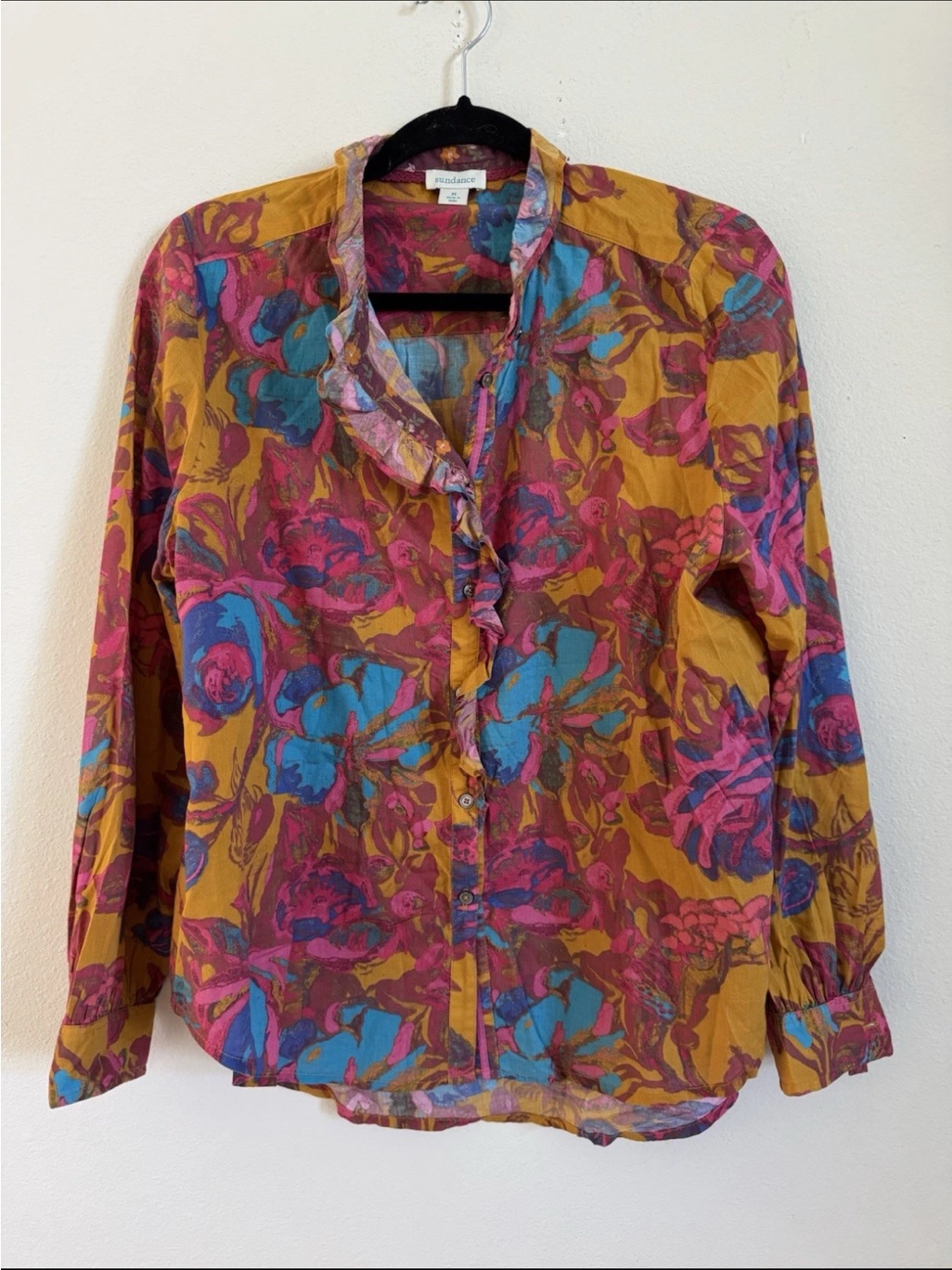 Sundance Yellow Blue Floral Ruffle Cotton Button Up Top Size M